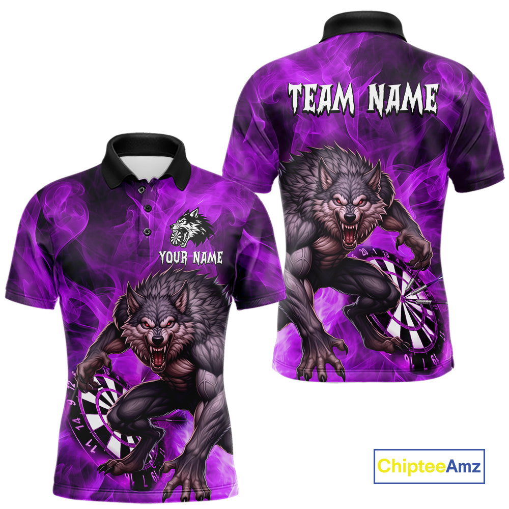 Purple Flaming Wolf Darts Shirt For Men Custom Darts League Jersey Team Polo & Quarter Zip TDM5358