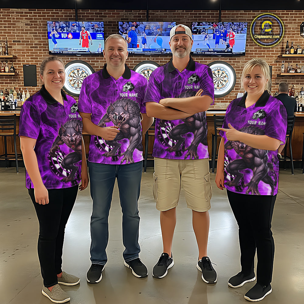 Purple Flaming Wolf Darts Shirt For Women Custom Darts League Jersey Team Polo & Quarter Zip TDM5358