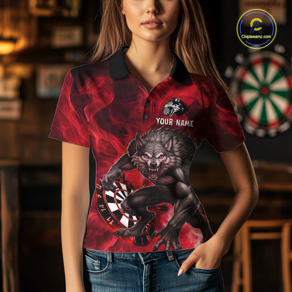 Red Flaming Wolf Darts Shirt For Women Custom Darts League Jersey Team Polo & Quarter Zip TDM5359