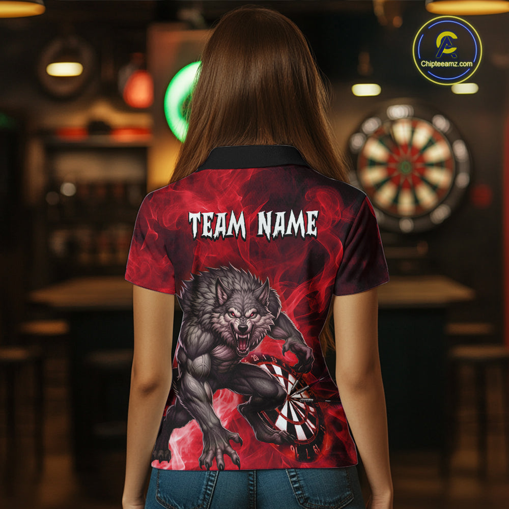 Red Flaming Wolf Darts Shirt For Women Custom Darts League Jersey Team Polo & Quarter Zip TDM5359