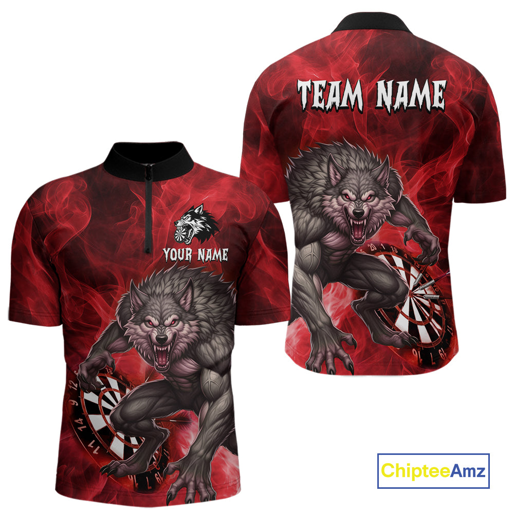 Red Flaming Wolf Darts Shirt For Men Custom Darts League Jersey Team Polo & Quarter Zip TDM5359