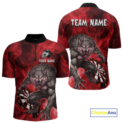 Red Flaming Wolf Darts Shirt For Men Custom Darts League Jersey Team Polo & Quarter Zip TDM5359