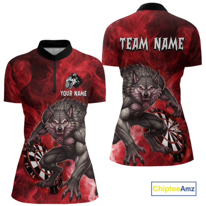 Red Flaming Wolf Darts Shirt For Women Custom Darts League Jersey Team Polo & Quarter Zip TDM5359