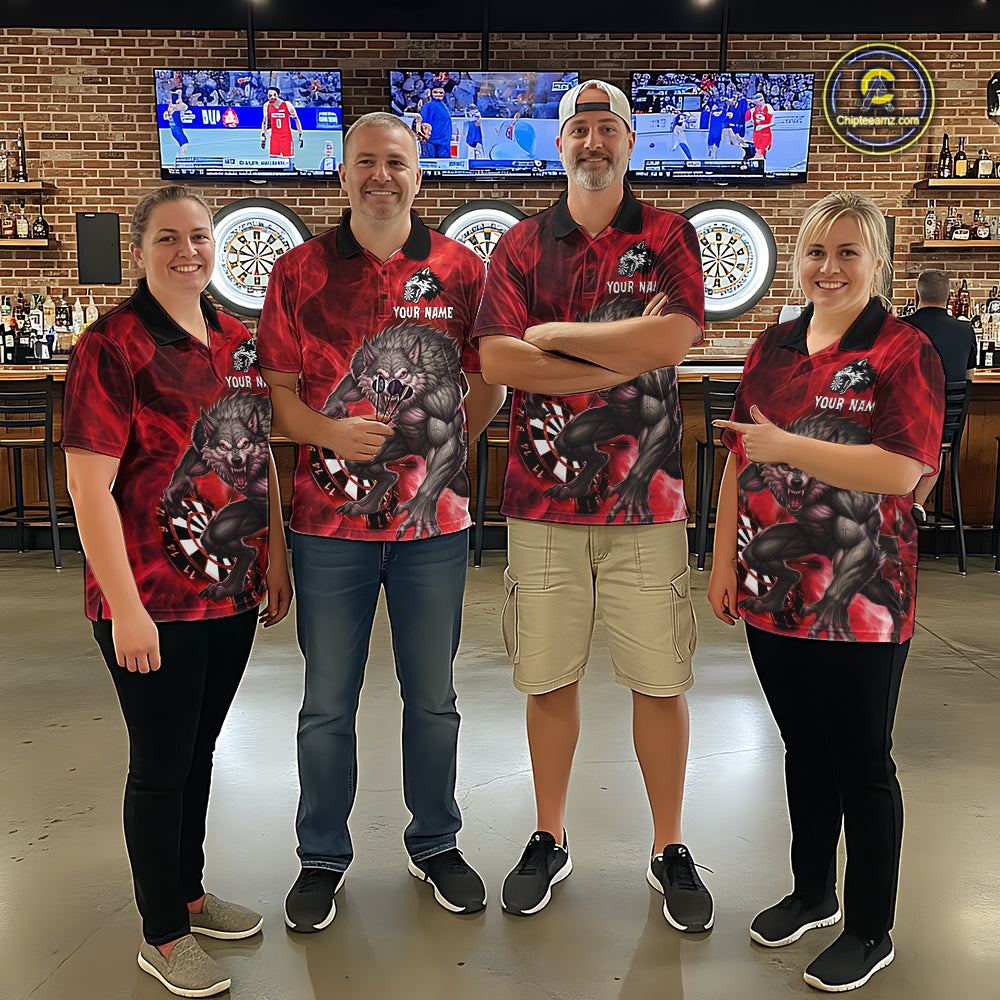 Red Flaming Wolf Darts Shirt For Men Custom Darts League Jersey Team Polo & Quarter Zip TDM5359