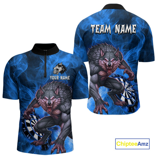 Blue Flaming Wolf Darts Shirt For Men Custom Darts League Jersey Team Polo & Quarter Zip TDM5360