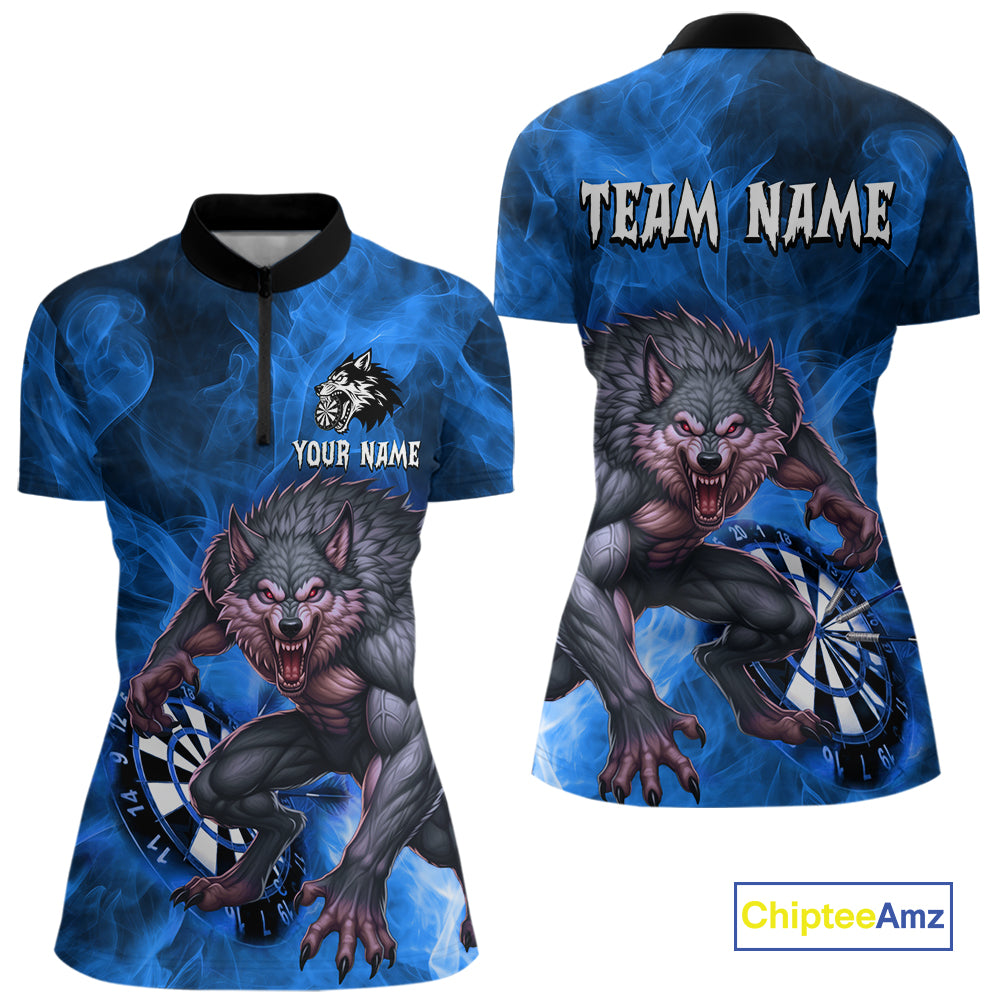 Blue Flaming Wolf Darts Shirt For Women Custom Darts League Jersey Team Polo & Quarter Zip TDM5360