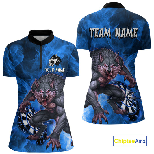 Blue Flaming Wolf Darts Shirt For Women Custom Darts League Jersey Team Polo & Quarter Zip TDM5360