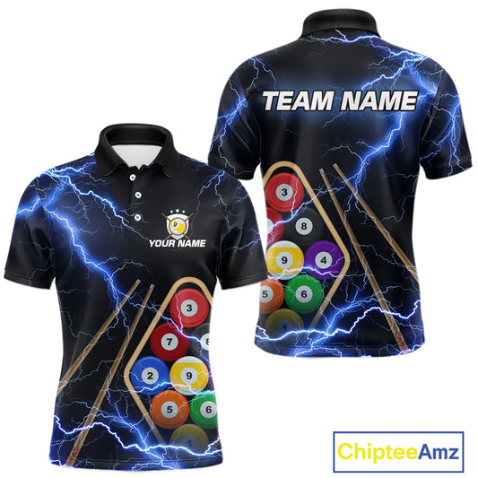 Blue 9 Ball Thunder Lightning Billiard Shirts For Men Custom 9 Ball Pool Team Jersey Polo, 1/4 Zip TDM5633