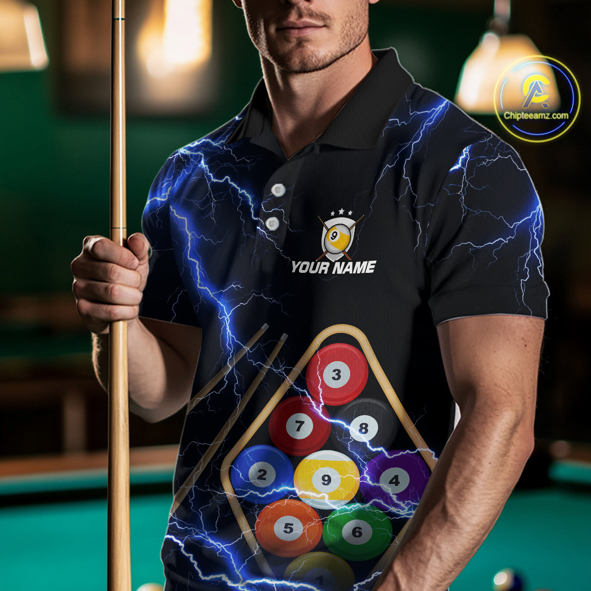 Blue 9 Ball Thunder Lightning Billiard Shirts For Men Custom 9 Ball Pool Team Jersey Polo, 1/4 Zip TDM5633
