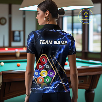 Blue 9 Ball Thunder Lightning Billiard Shirts For Women Custom 9 Ball Pool Team Jersey Polo, 1/4 Zip TDM5633