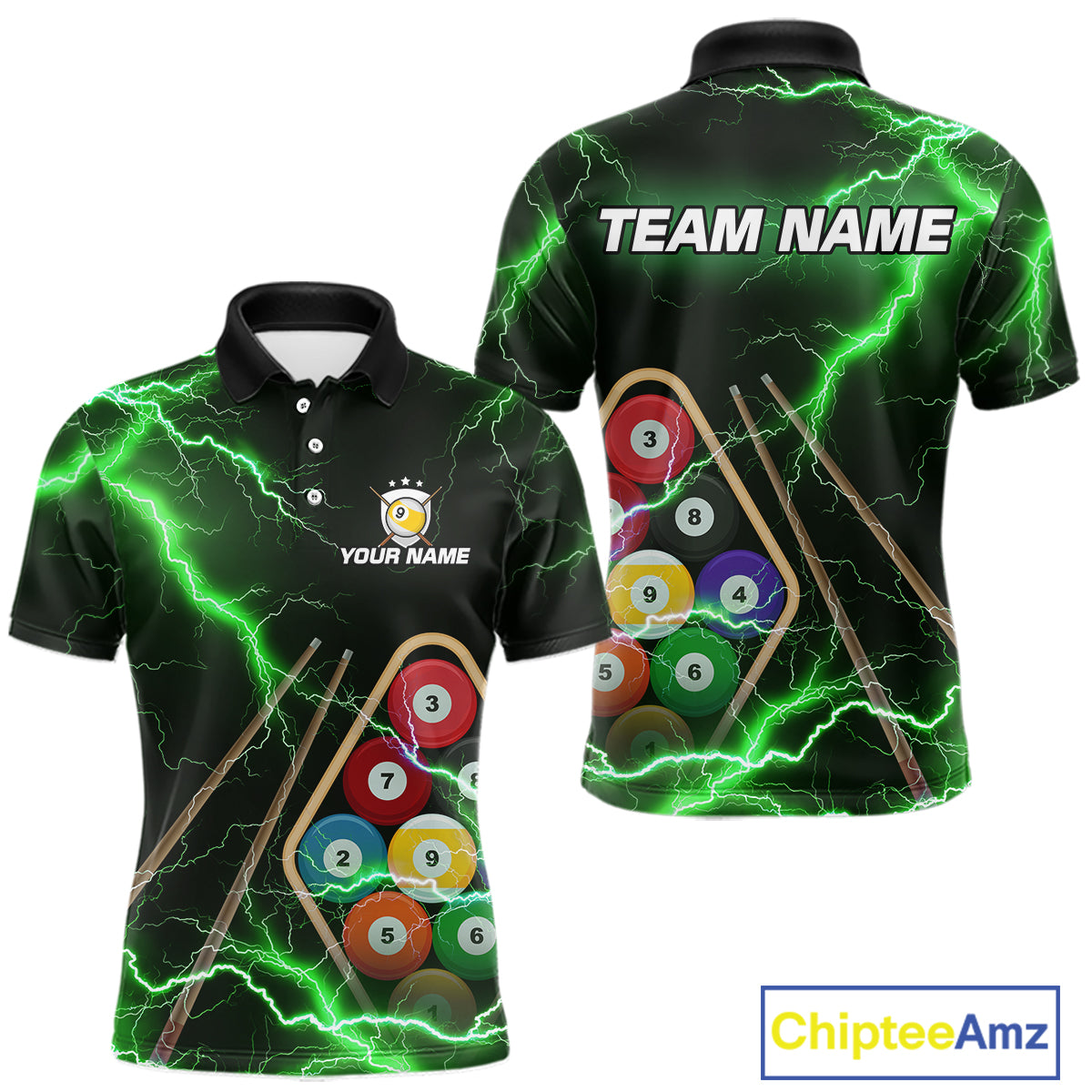 Green 9 Ball Thunder Lightning Billiard Shirts For Men Custom 9 Ball Pool Team Jersey Polo, 1/4 Zip TDM5634