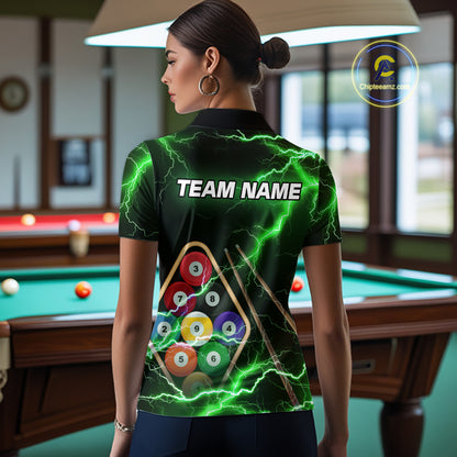 Green 9 Ball Thunder Lightning Billiard Shirts For Women Custom 9 Ball Pool Team Jersey Polo, 1/4 Zip TDM5634