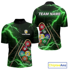 Load image into Gallery viewer, Green 9 Ball Thunder Lightning Billiard Shirts For Men Custom 9 Ball Pool Team Jersey Polo, 1/4 Zip TDM5634