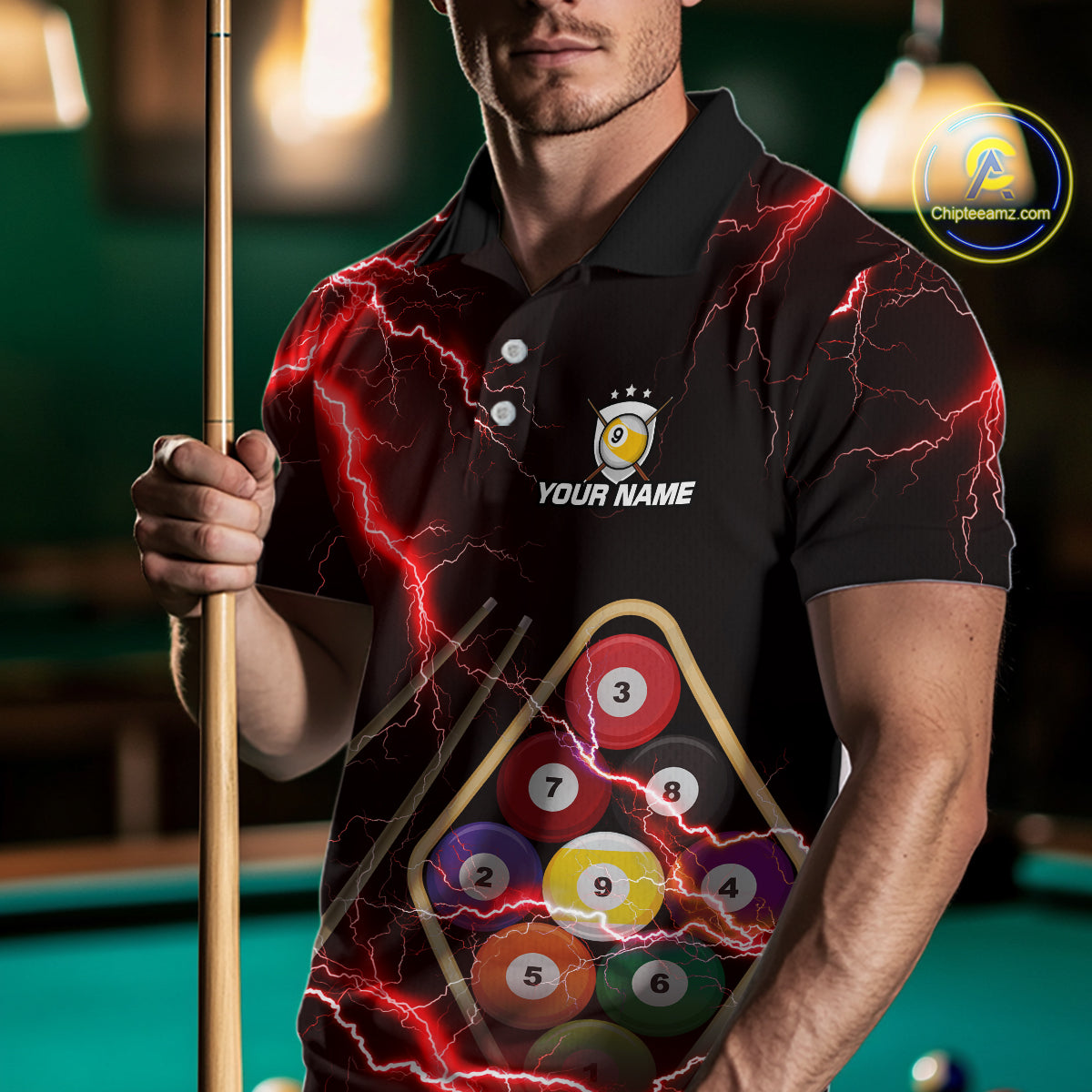 Red 9 Ball Thunder Lightning Billiard Shirts For Men Custom 9 Ball Pool Team Jersey Polo & 1/4 Zip TDM5635