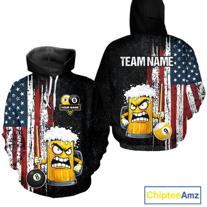 Funny Angry Beer 8 Ball & 9 Ball Billiard Hoodie Custom American Flag Pool Hoodie Team Jersey TDM5636