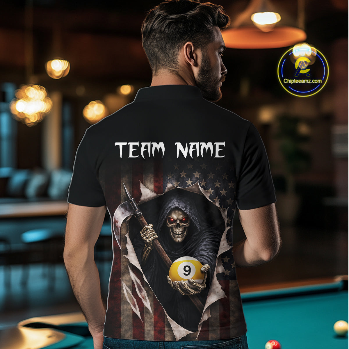 Grim Reaper 8 Ball & 9 Ball Pool American Flag Billiard Shirt For Men Custom Billiard Team Jersey TDM5638