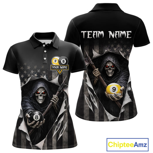 Grim Reaper 8 Ball & 9 Ball US Flag Billiard Shirt For Women Custom Pool Team Jersey Polo & 1/4 Zip TDM5639