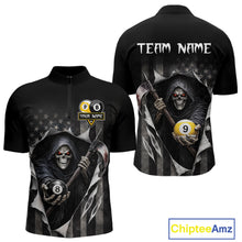 Load image into Gallery viewer, Grim Reaper 8 Ball &amp; 9 Ball US Flag Billiard Shirt For Men Custom Pool Team Jersey Polo &amp; 1/4 Zip TDM5639