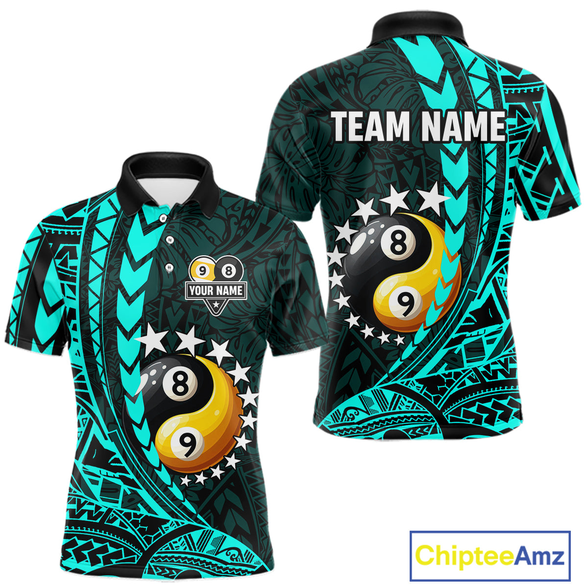 Custom Turquoise Tribal 8 Ball & 9 Ball Yin-Yang Billiard Shirt For Men, Funny Pool Team Jersey TDM5844