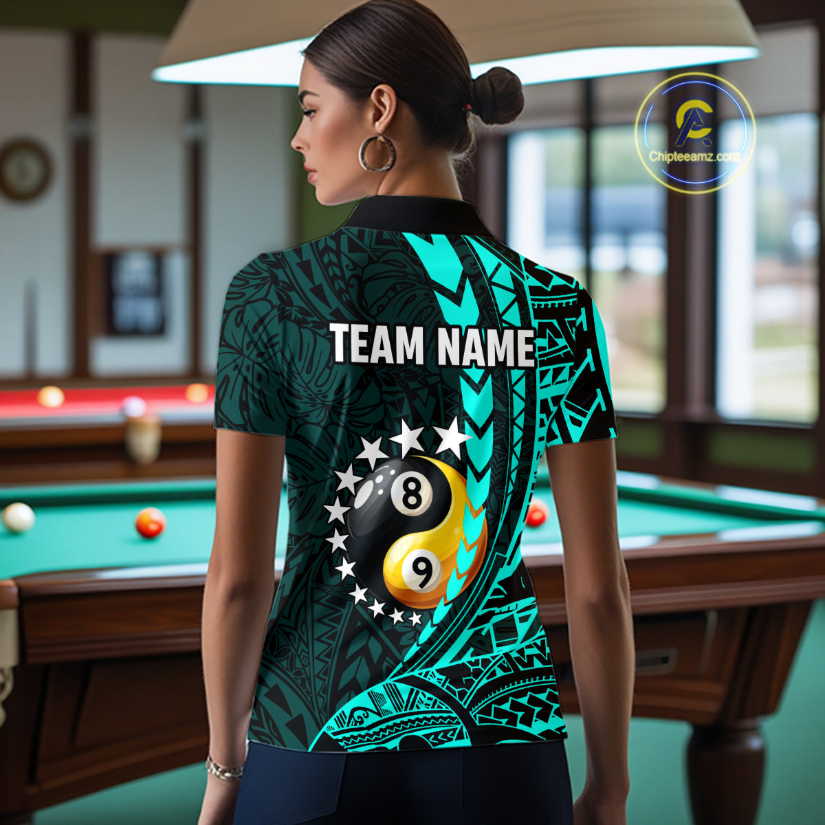 Custom Turquoise Tribal 8 Ball & 9 Ball Yin-Yang Billiard Shirt For Women, Funny Pool Team Jersey TDM5844