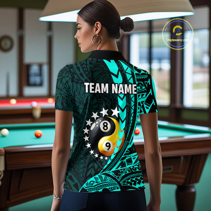 Custom Turquoise Tribal 8 Ball & 9 Ball Yin-Yang Billiard Shirt For Women, Funny Pool Team Jersey TDM5844