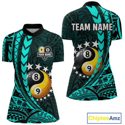 Custom Turquoise Tribal 8 Ball & 9 Ball Yin-Yang Billiard Shirt For Women, Funny Pool Team Jersey TDM5844