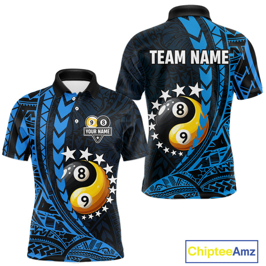 Custom Blue Tribal 8 Ball & 9 Ball Yin And Yang Billiard Shirt For Men, Funny Pool Team Jersey TDM5845