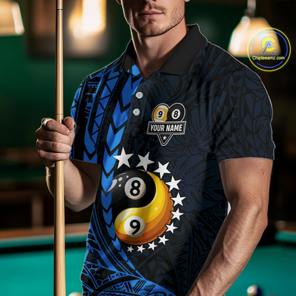 Custom Blue Tribal 8 Ball & 9 Ball Yin And Yang Billiard Shirt For Men, Funny Pool Team Jersey TDM5845