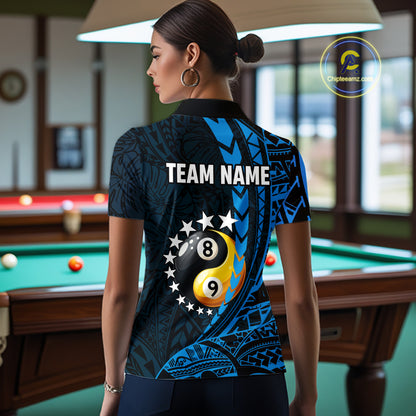 Custom Blue Tribal 8 Ball & 9 Ball Yin And Yang Billiard Shirt For Women, Funny Pool Team Jersey TDM5845