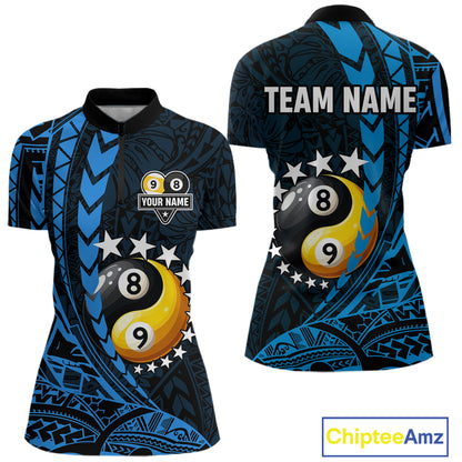 Custom Blue Tribal 8 Ball & 9 Ball Yin And Yang Billiard Shirt For Women, Funny Pool Team Jersey TDM5845