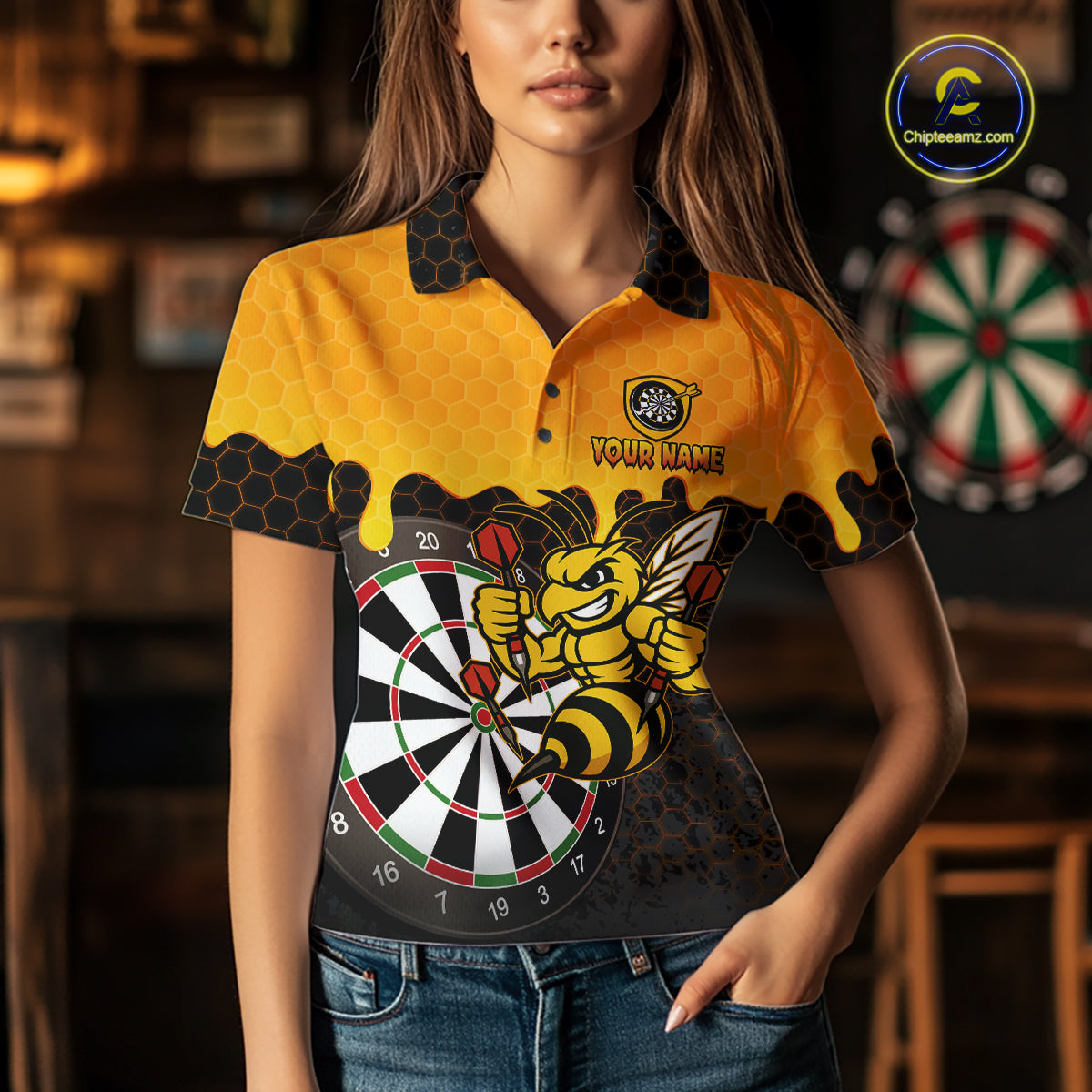 Personalized Yellow Black Funny Bee Darts Shirt For Women, Darts Team Jersey Polo & Quarter Zip TDM6004