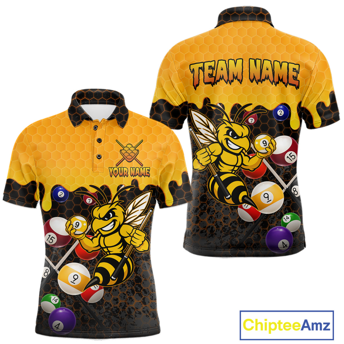 Custom Yellow Black Funny Bee 9 Ball Billiard Shirt For Men, Pool Team Jersey Polo & 1/4 Zip TDM6005