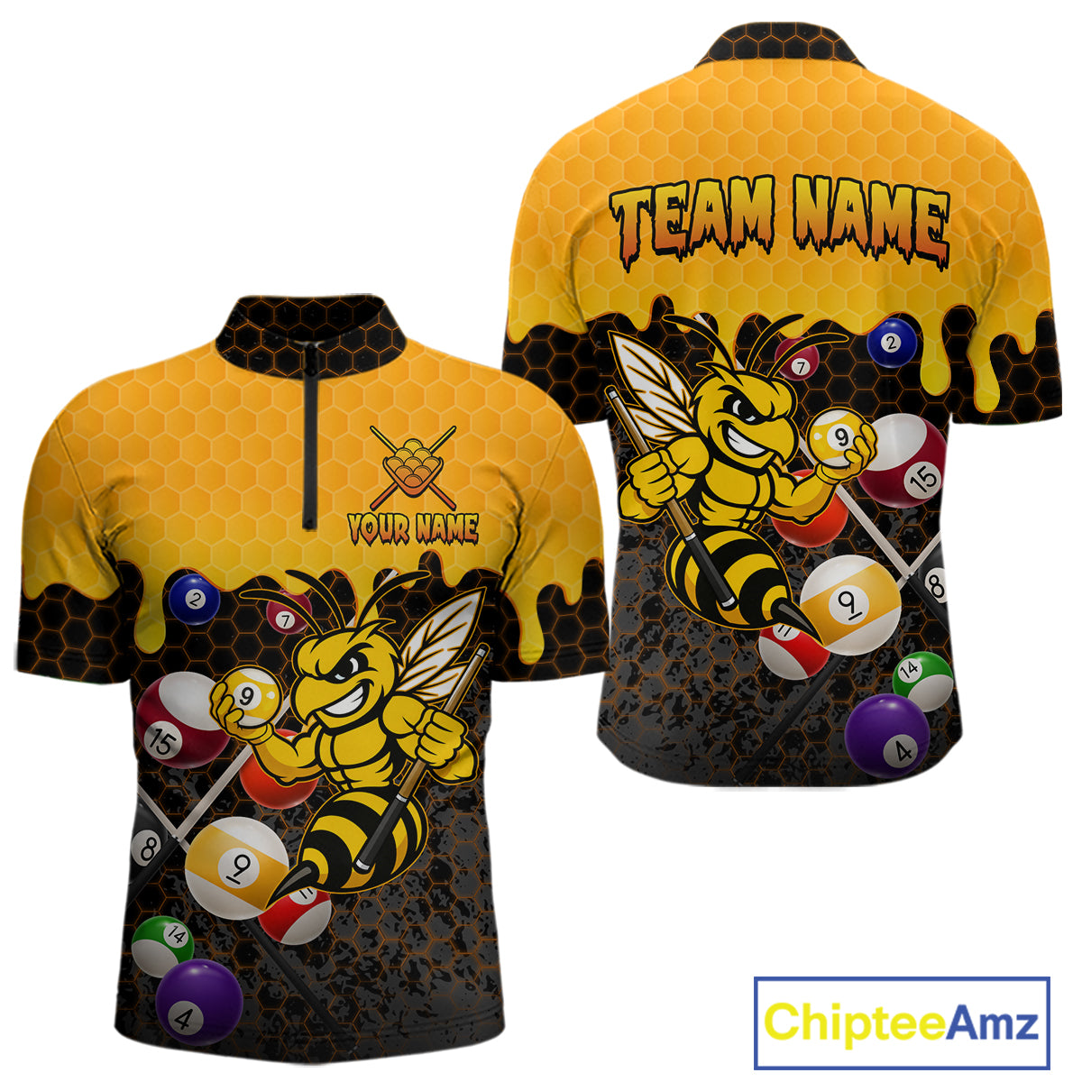 Custom Yellow Black Funny Bee 9 Ball Billiard Shirt For Men, Pool Team Jersey Polo & 1/4 Zip TDM6005