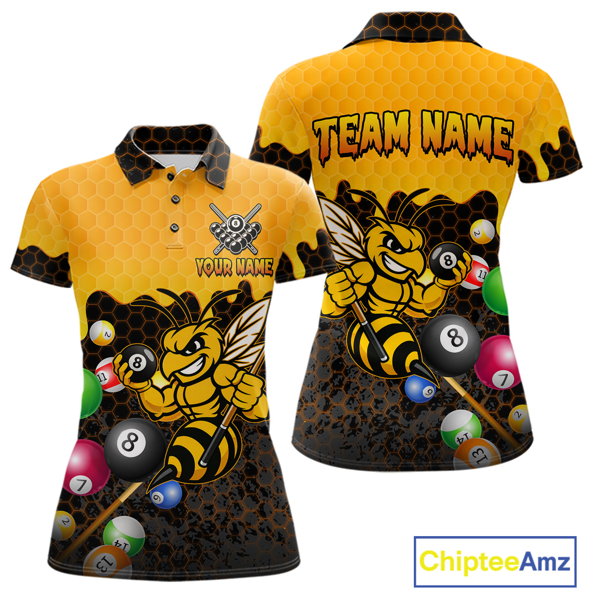 Custom Yellow Black Funny Bee 8 Ball Billiard Shirt For Women, Pool Team Jersey Polo & 1/4 Zip TDM6006