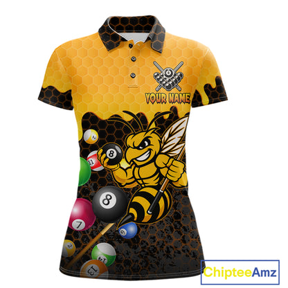 Custom Yellow Black Funny Bee 8 Ball Billiard Shirt For Women, Pool Team Jersey Polo & 1/4 Zip TDM6006