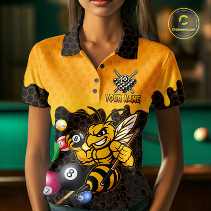 Custom Yellow Black Funny Bee 8 Ball Billiard Shirt For Women, Pool Team Jersey Polo & 1/4 Zip TDM6006