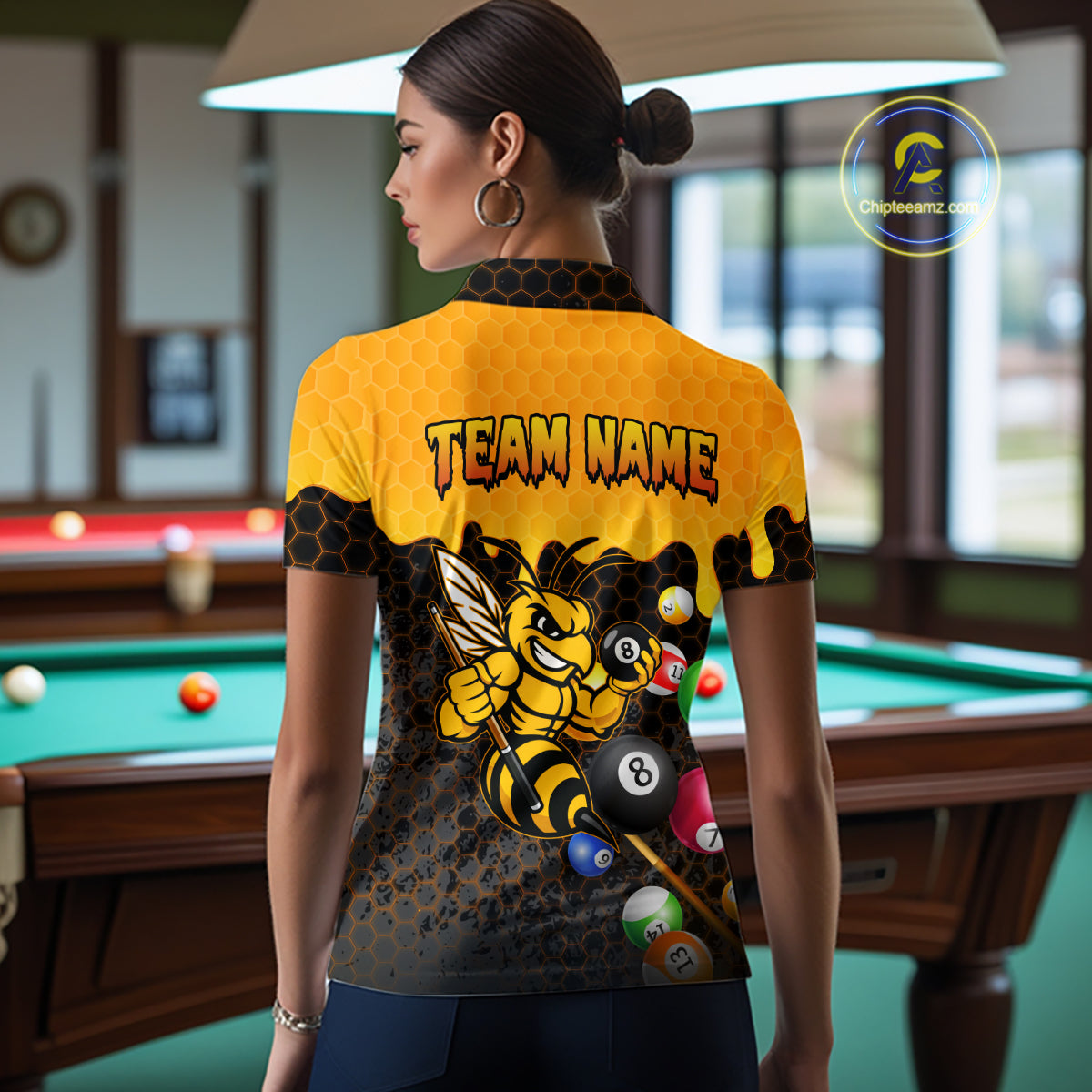 Custom Yellow Black Funny Bee 8 Ball Billiard Shirt For Women, Pool Team Jersey Polo & 1/4 Zip TDM6006
