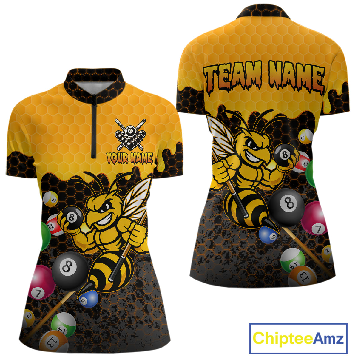 Custom Yellow Black Funny Bee 8 Ball Billiard Shirt For Women, Pool Team Jersey Polo & 1/4 Zip TDM6006