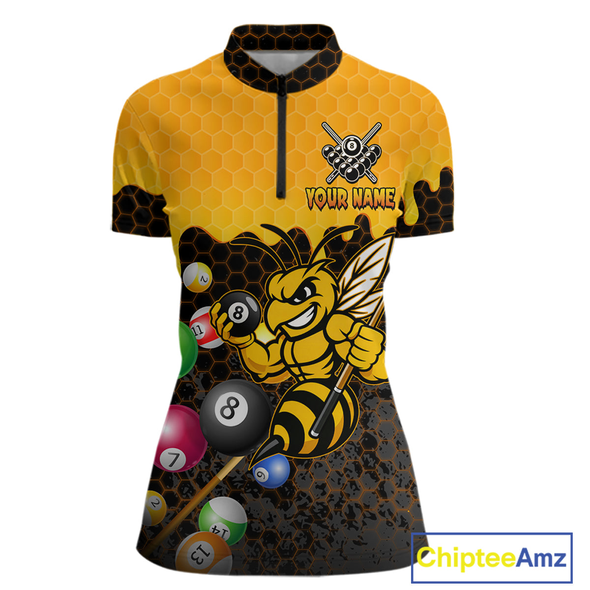 Custom Yellow Black Funny Bee 8 Ball Billiard Shirt For Women, Pool Team Jersey Polo & 1/4 Zip TDM6006