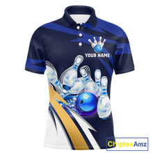 Load image into Gallery viewer, Personalized Blue Strike Ball Bowling Shirt For Men Custom Team Bowling Jersey Polo &amp; 1/4 Zip TDM6243