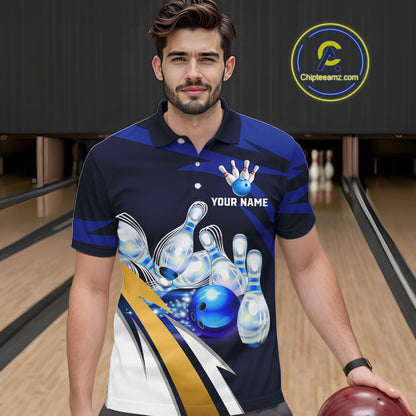 Personalized Blue Strike Ball Bowling Shirt For Men Custom Team Bowling Jersey Polo & 1/4 Zip TDM6243