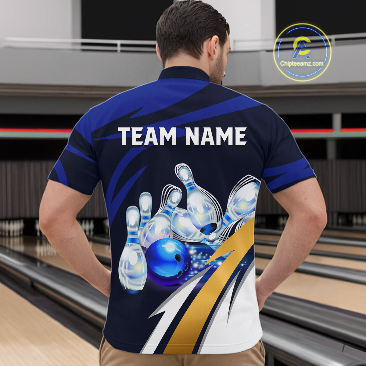 Personalized Blue Strike Ball Bowling Shirt For Men Custom Team Bowling Jersey Polo & 1/4 Zip TDM6243