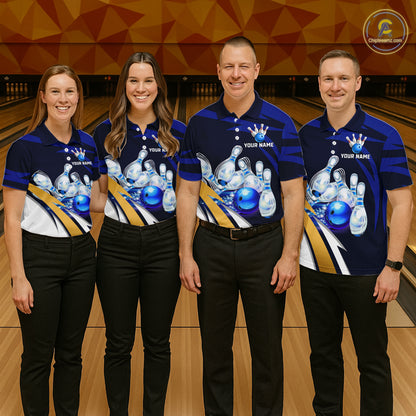 Personalized Blue Strike Ball Bowling Shirt For Men Custom Team Bowling Jersey Polo & 1/4 Zip TDM6243