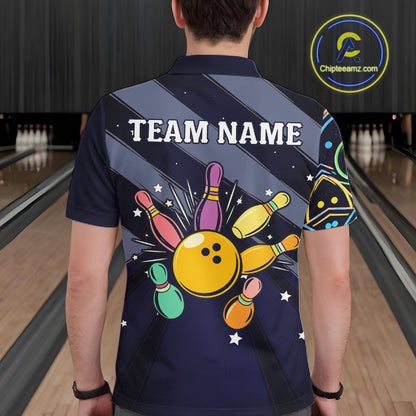 Personalized Funny Neon Bowling Shirt For Men, Retro Bowling Team Jersey Polo & 1/4 Zip | Navy Blue TDM6460
