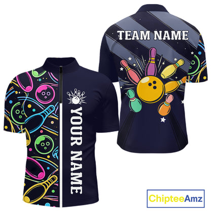 Personalized Funny Neon Bowling Shirt For Men, Retro Bowling Team Jersey Polo & 1/4 Zip | Navy Blue TDM6460