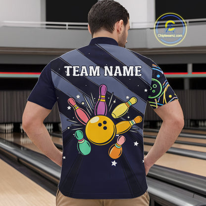 Personalized Funny Neon Bowling Shirt For Men, Retro Bowling Team Jersey Polo & 1/4 Zip | Navy Blue TDM6460