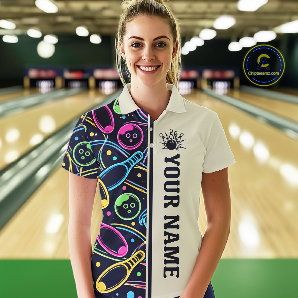 Personalized Funny Neon Bowling Shirt For Women, Retro Bowling Team Jersey Polo & 1/4 Zip TDM6461