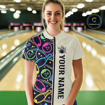 Personalized Funny Neon Bowling Shirt For Women, Retro Bowling Team Jersey Polo & 1/4 Zip TDM6461