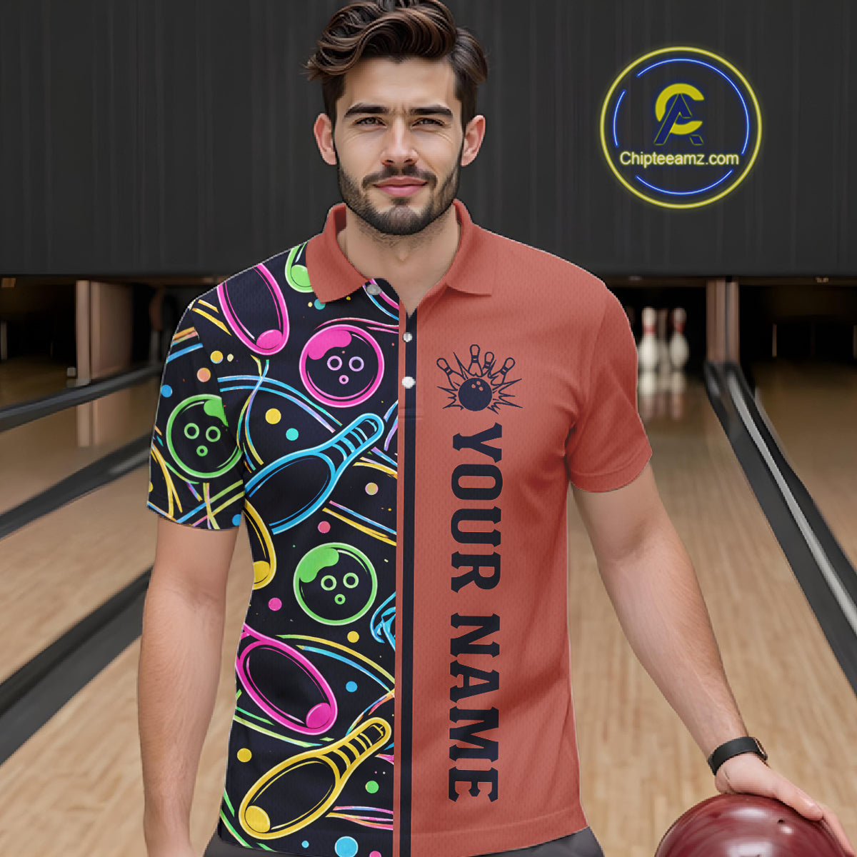 Personalized Funny Neon Bowling Shirt For Men, Retro Bowling Team Jersey Polo & 1/4 Zip | Orange TDM6462