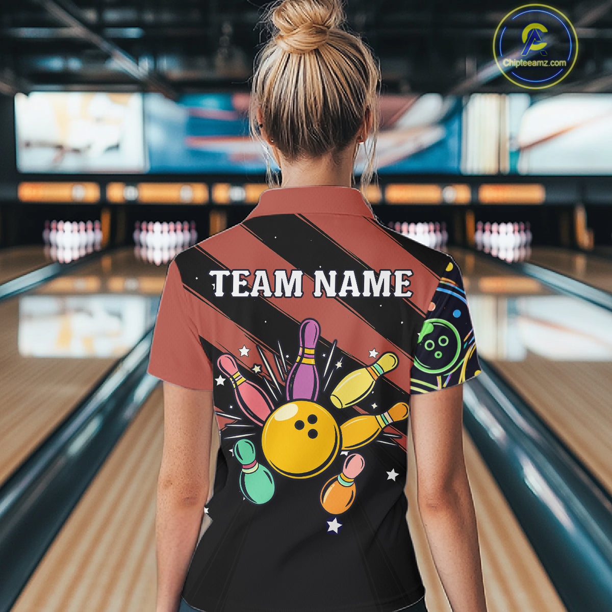 Personalized Funny Neon Bowling Shirt For Women, Retro Bowling Team Jersey Polo & 1/4 Zip | Orange TDM6462